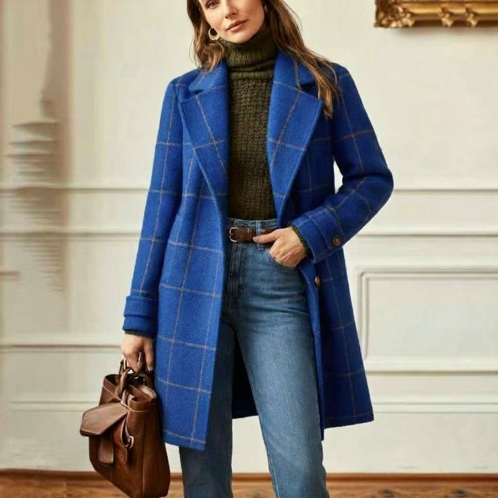 Manteau en laine à carreaux femme col revers - Royal Blue