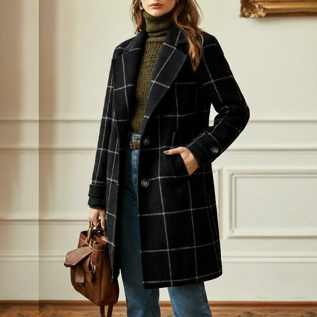 Manteau en laine à carreaux femme col revers