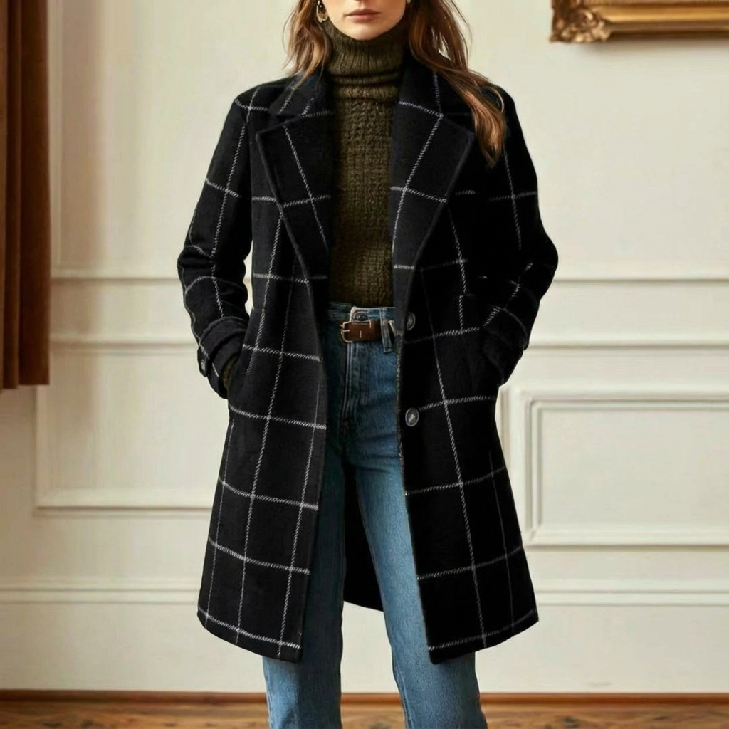 Manteau en laine à carreaux femme col revers - Noir
