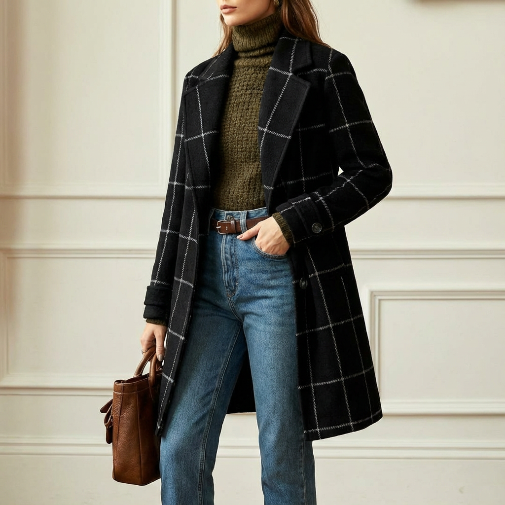 Manteau en laine à carreaux femme col revers