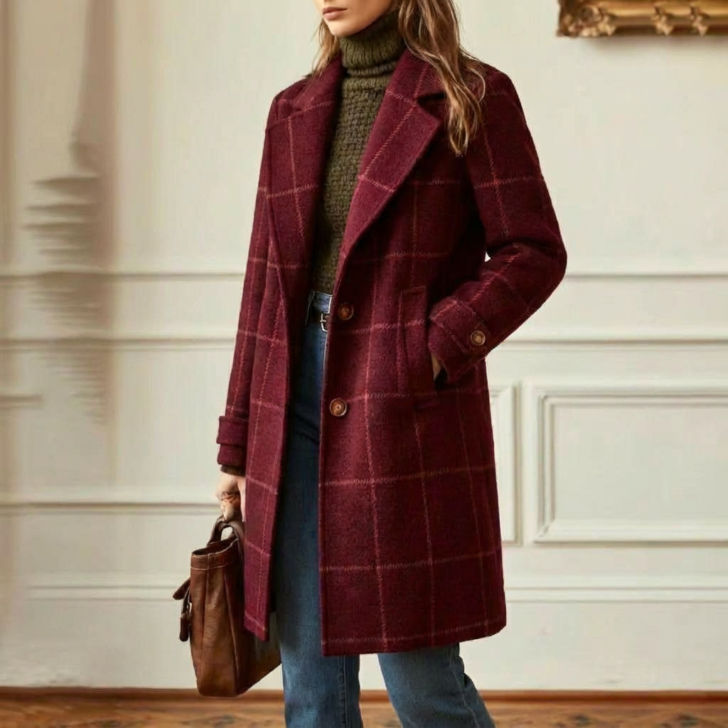 Manteau en laine à carreaux femme col revers - Bordeaux