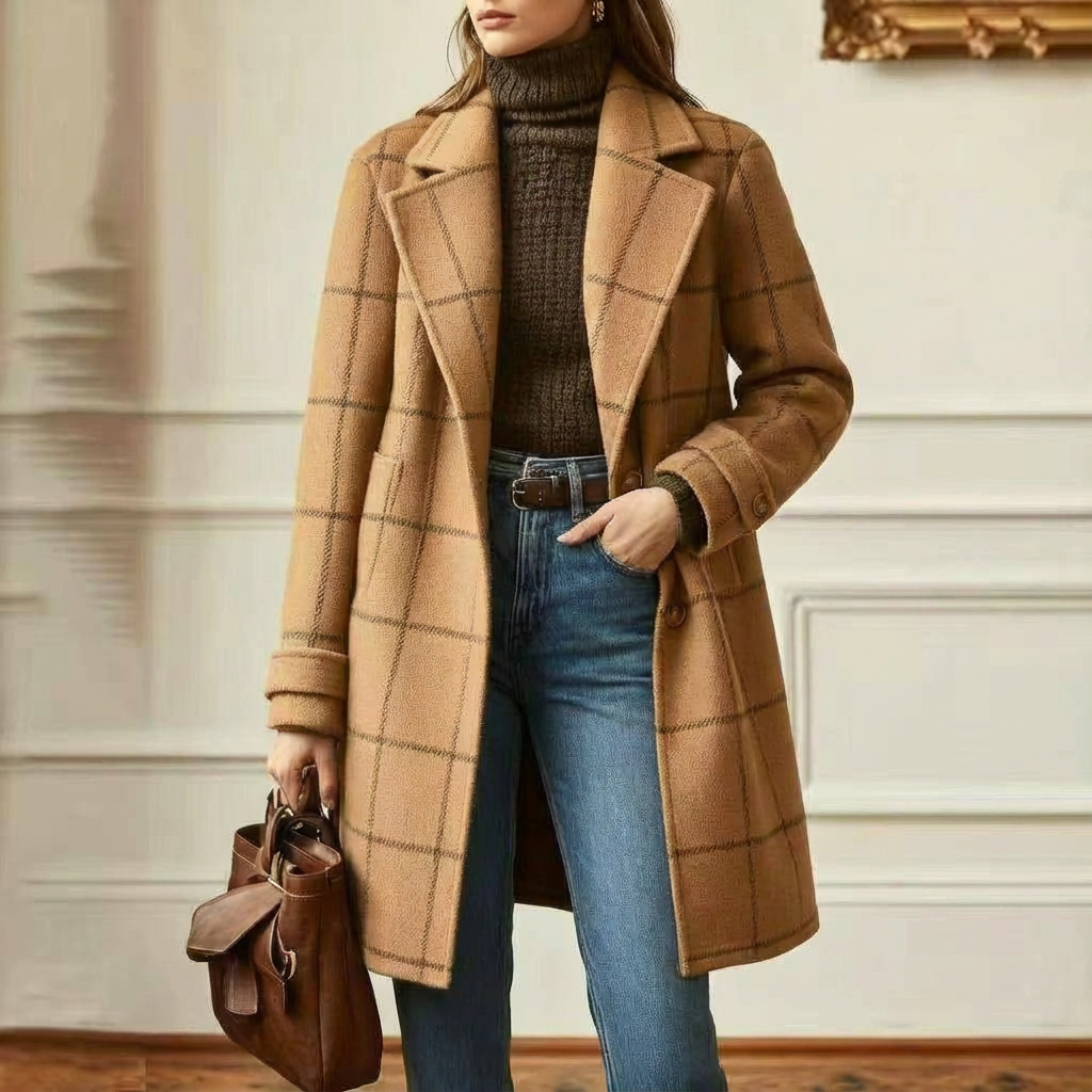Manteau en laine à carreaux femme col revers - Camel