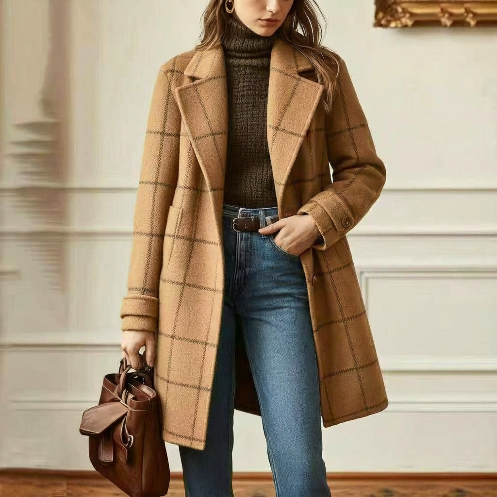 Manteau en laine à carreaux femme col revers