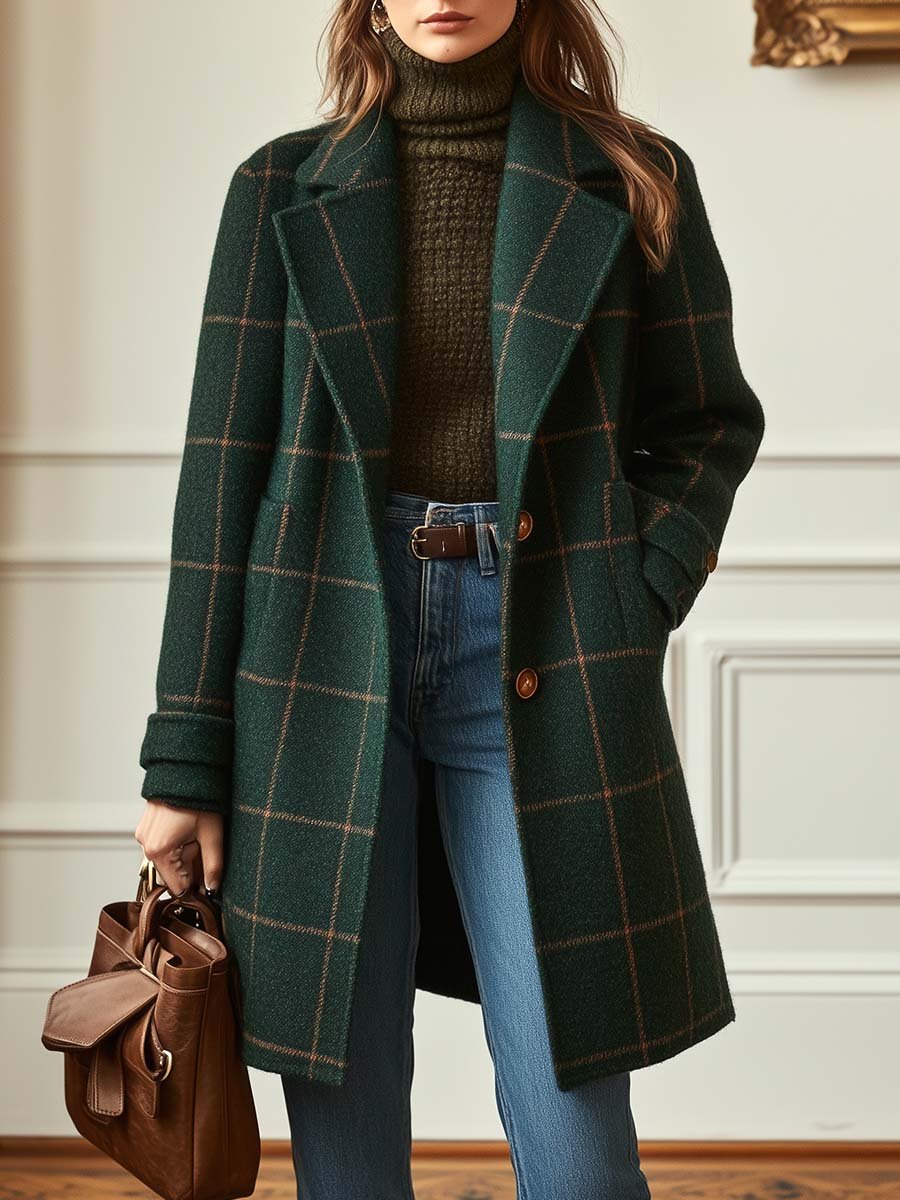 Manteau en laine à carreaux femme col revers - Forest Green