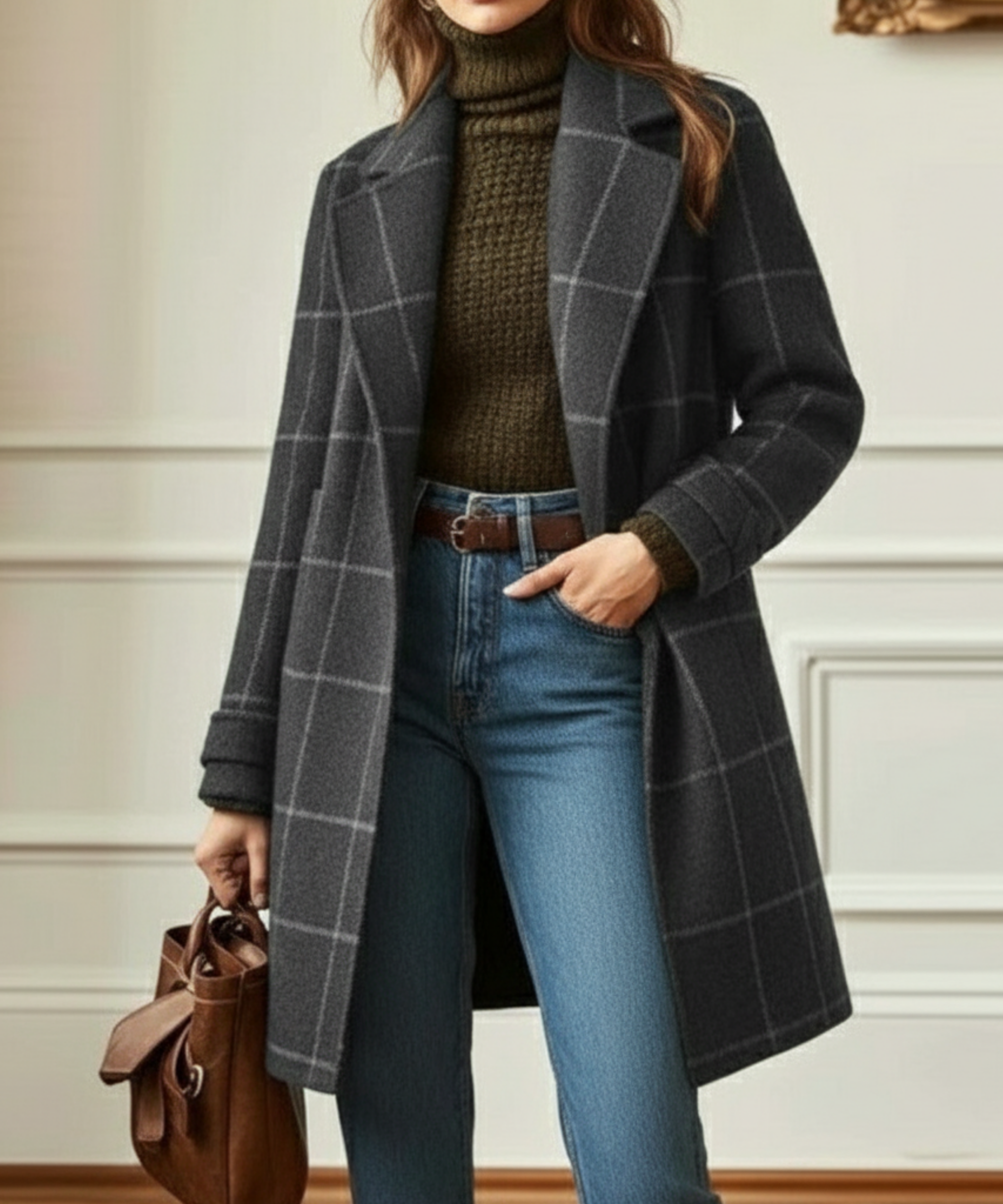 Manteau en laine à carreaux femme col revers - Gris