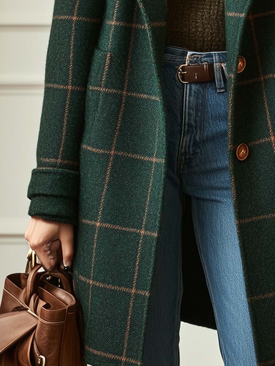 Manteau en laine à carreaux femme col revers