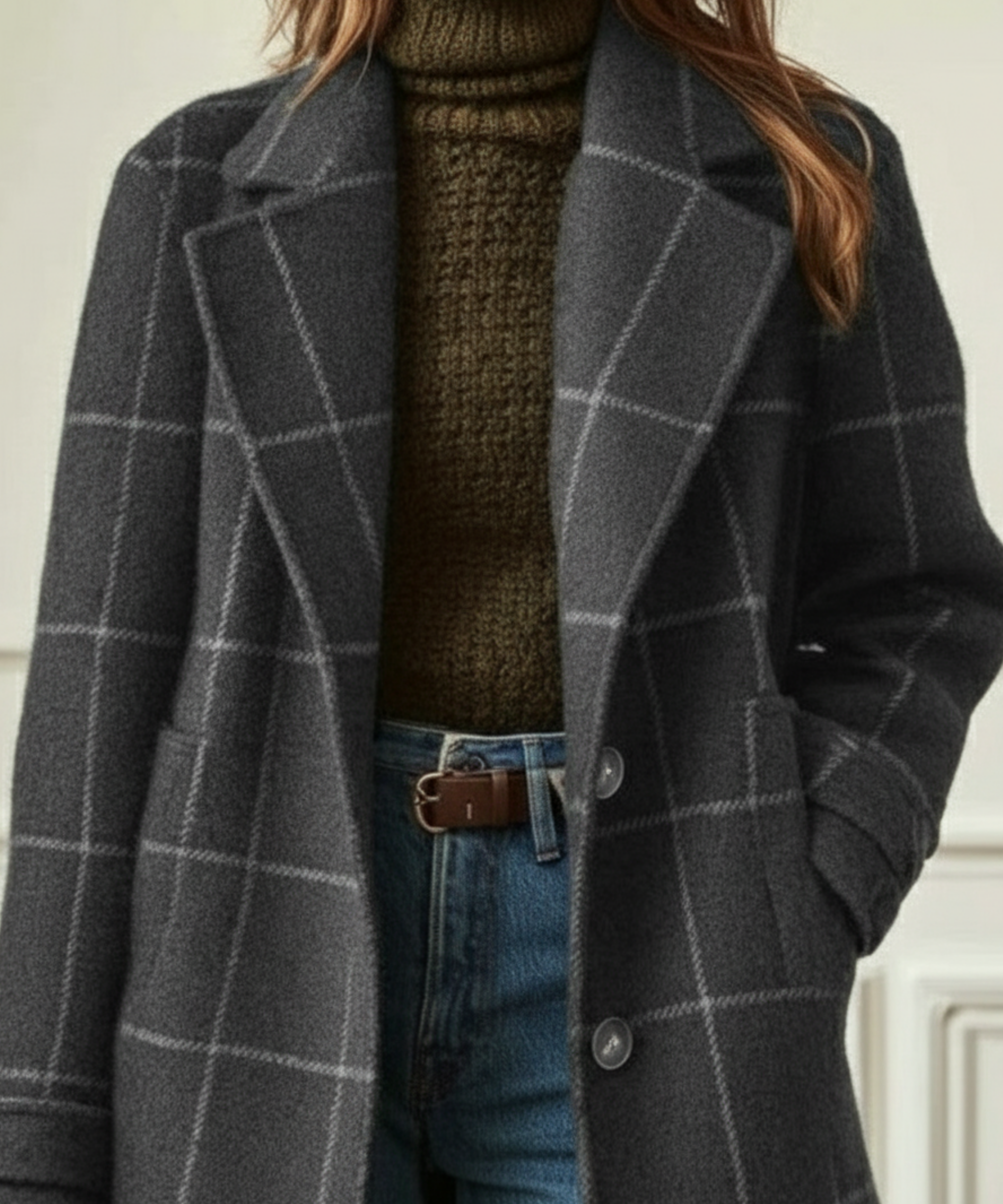 Manteau en laine à carreaux femme col revers