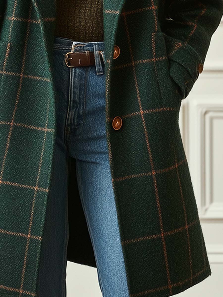 Manteau en laine à carreaux femme col revers