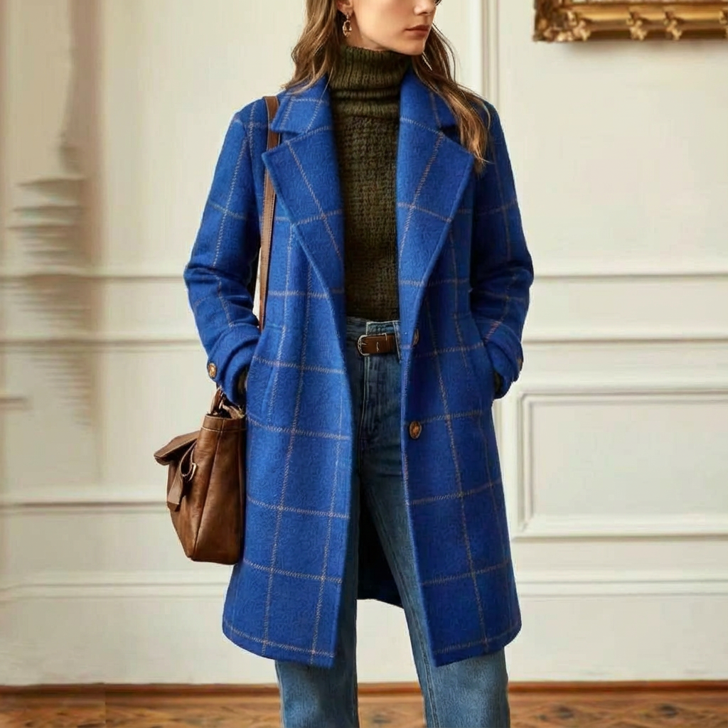 Manteau en laine à carreaux femme col revers