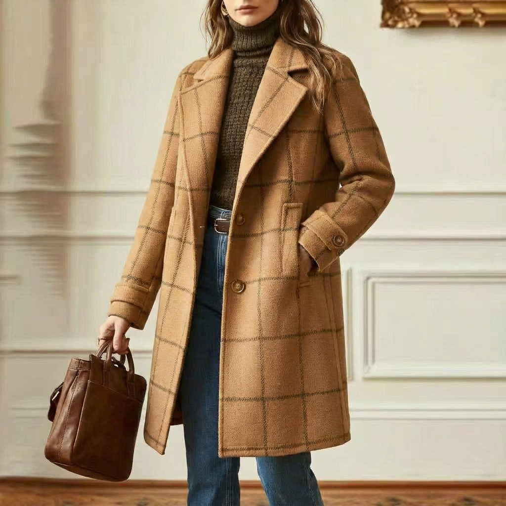 Manteau en laine à carreaux femme col revers