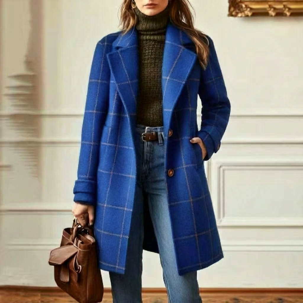 Manteau en laine à carreaux femme col revers