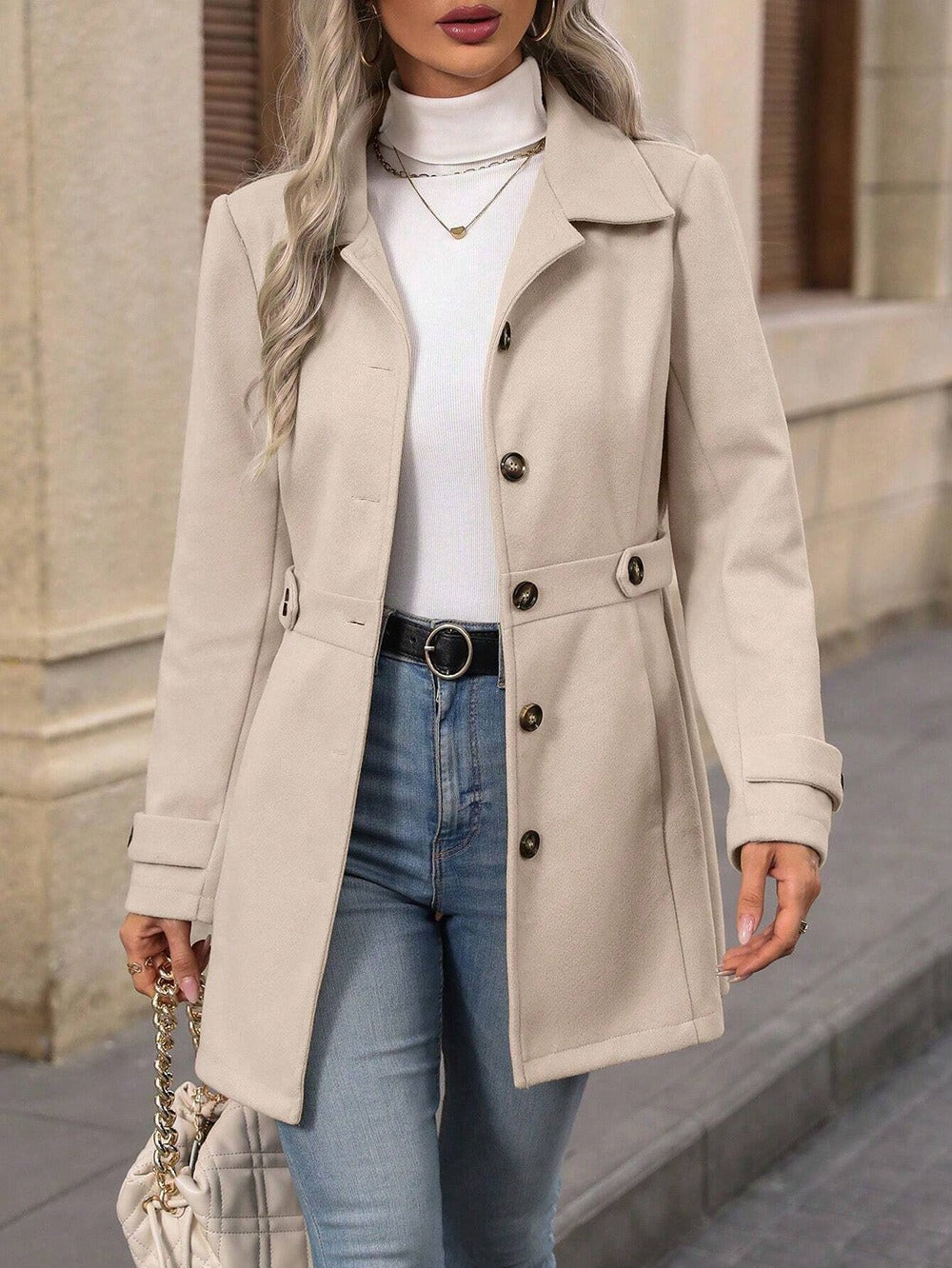 Manteau en laine femme mi-long à col revers