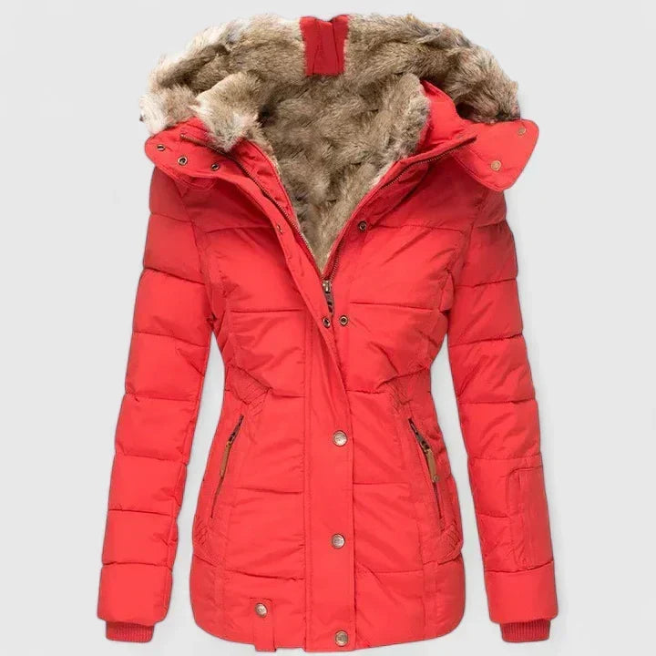 Manteau Hiver Chaud à Capuche Fausse Fourrure Femme - Rouge