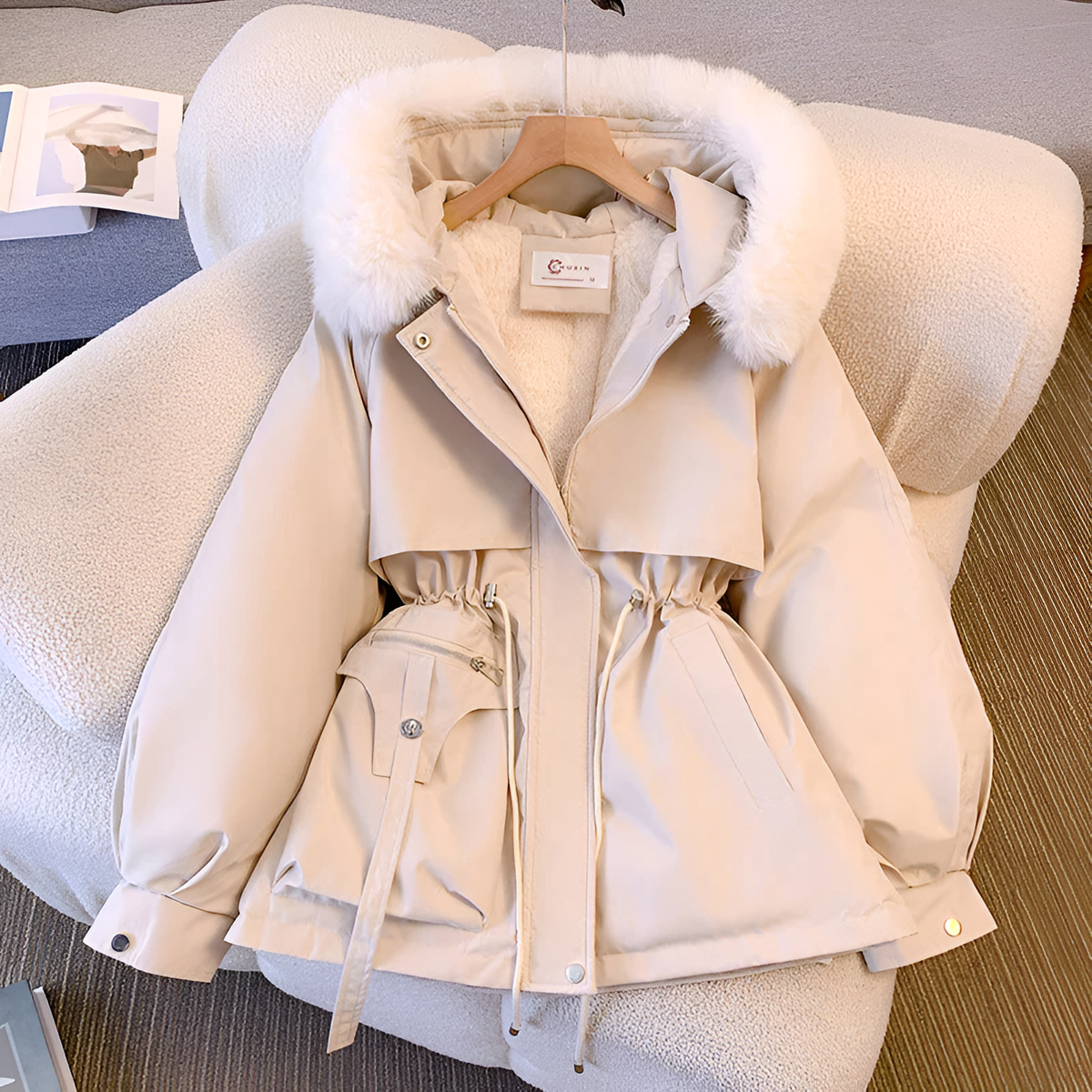 Manteau hiver femme col montant capuche imperméable - Blanc