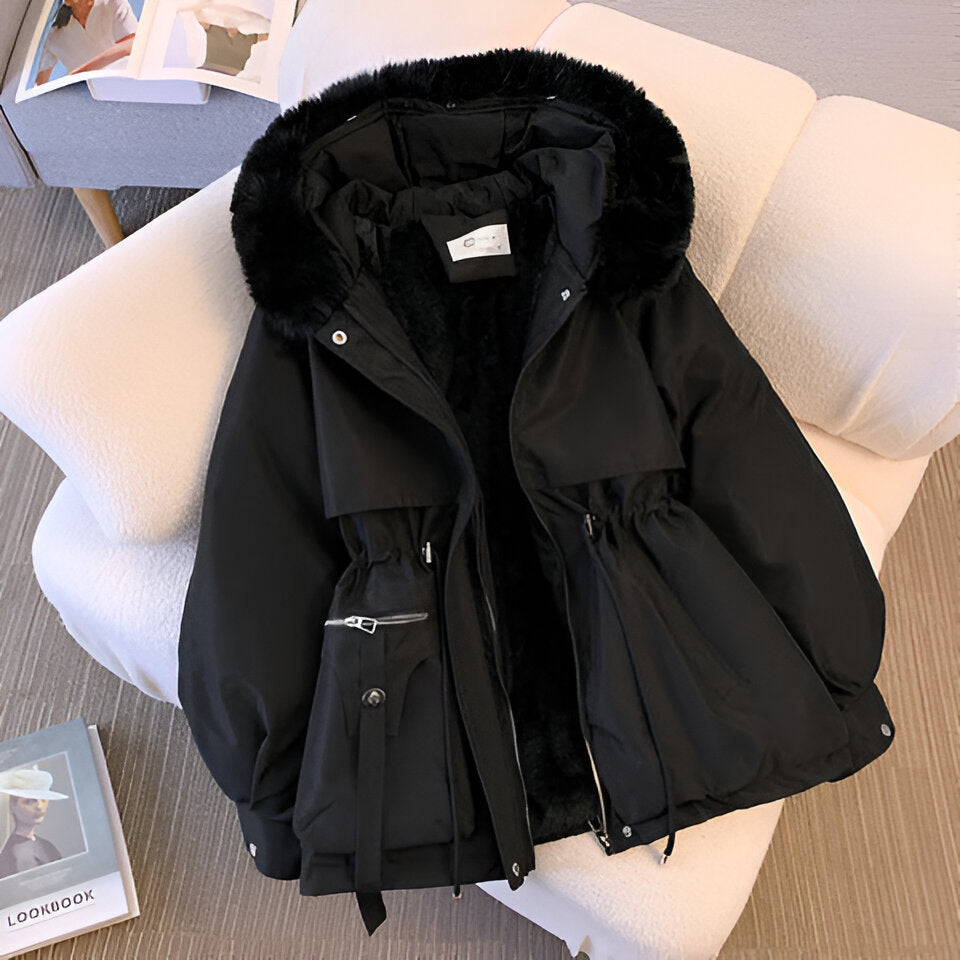 Manteau hiver femme col montant capuche imperméable - Noir