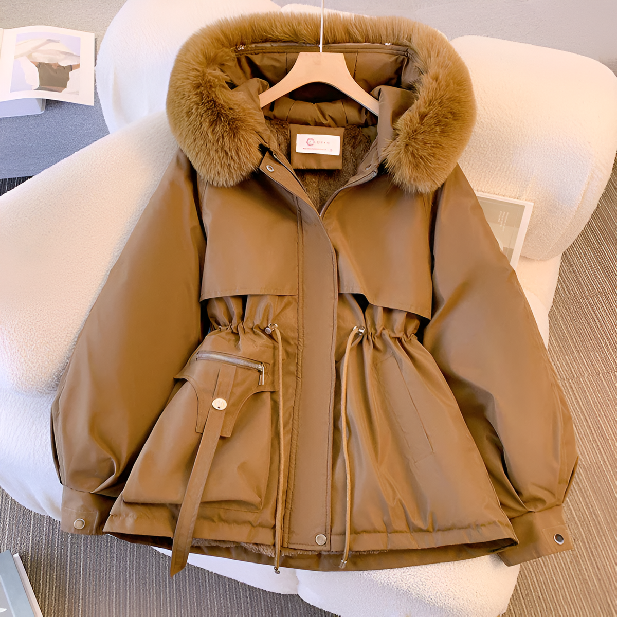 Manteau hiver femme col montant capuche imperméable - Café