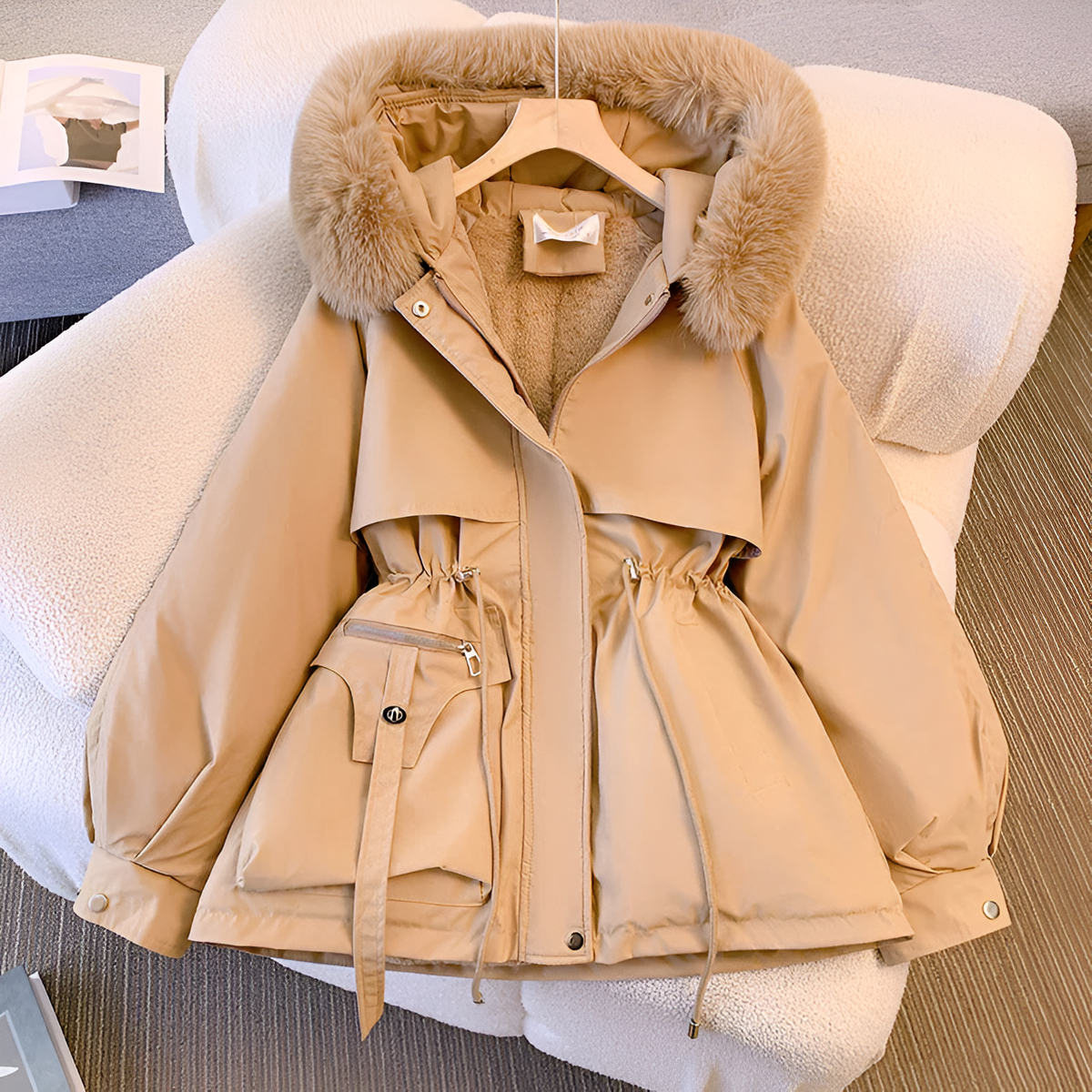 Manteau hiver femme col montant capuche imperméable - Kaki