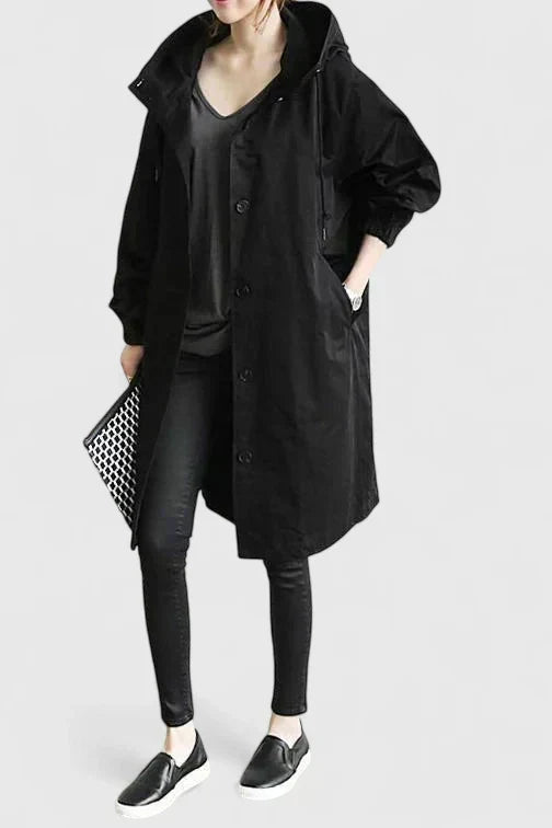 Manteau imperméable femme oversize à capuche ajustable - Noir