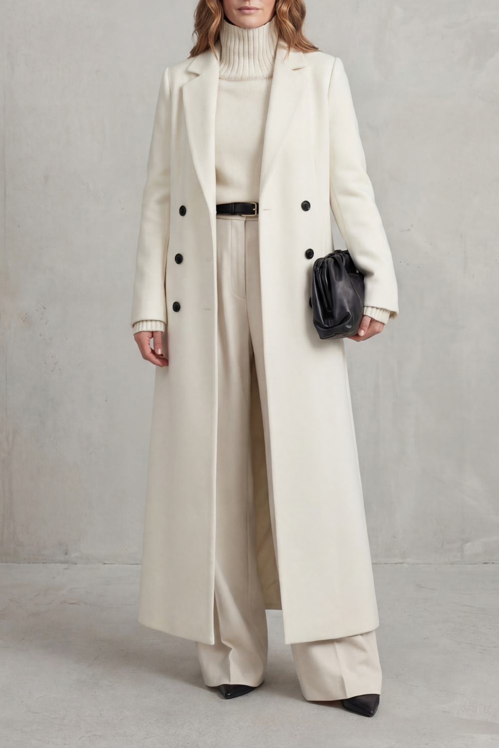 Manteau Long en Laine Femme Coupe Ajustée Chaud - Blanc