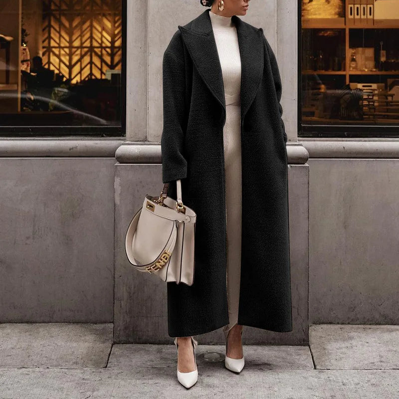 Manteau long en laine femme ceinturé - Noir