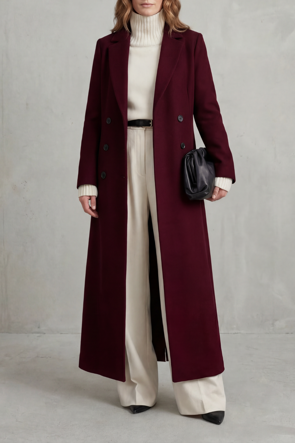 Manteau Long en Laine Femme Coupe Ajustée Chaud - Bordeaux