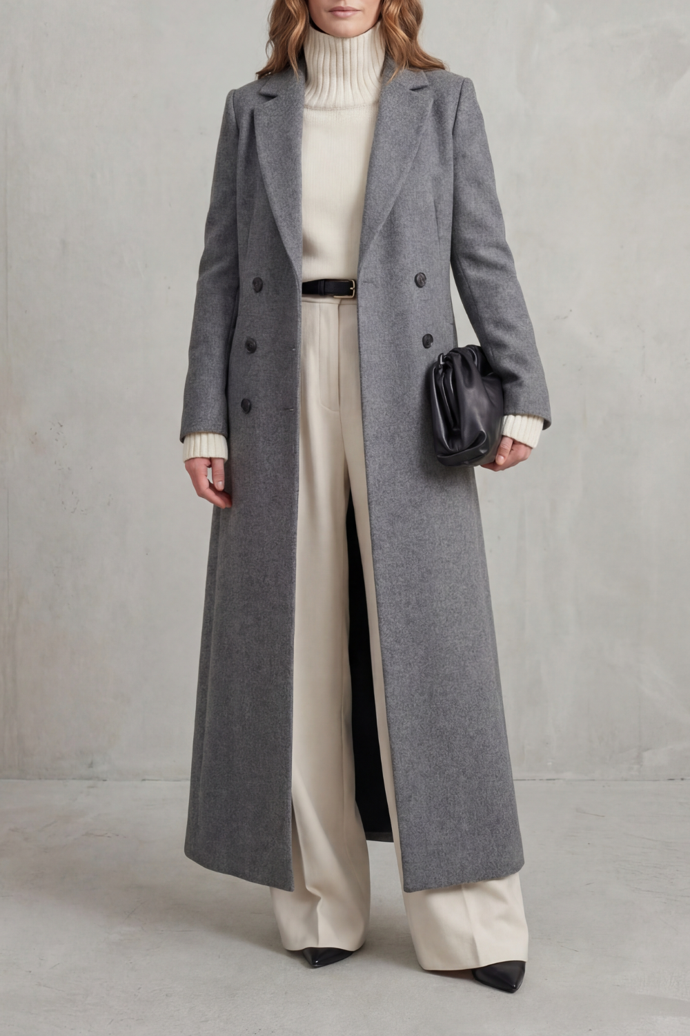 Manteau Long en Laine Femme Coupe Ajustée Chaud - Gris