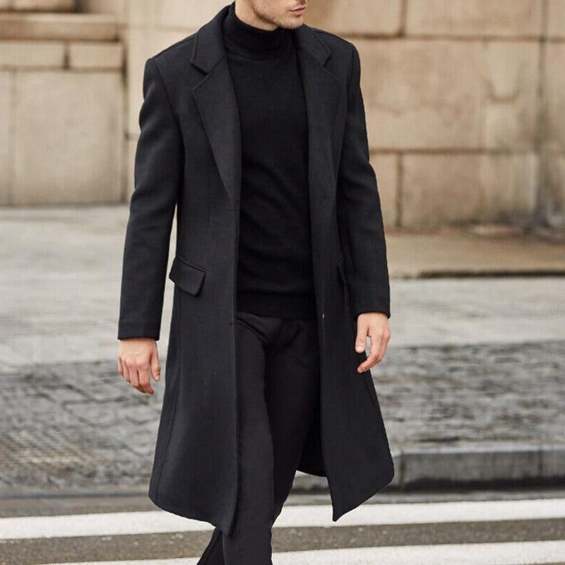 Manteau long en laine homme col cranté - Noir