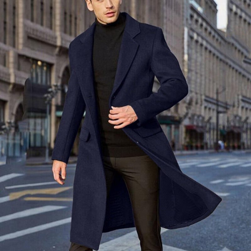 Manteau long en laine homme col cranté - Bleu Foncé