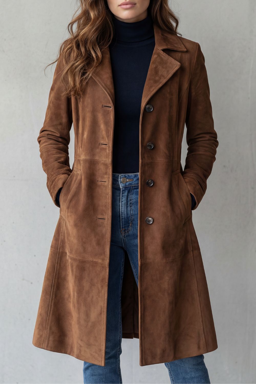 Manteau long femme finition suédine vintage - Marron
