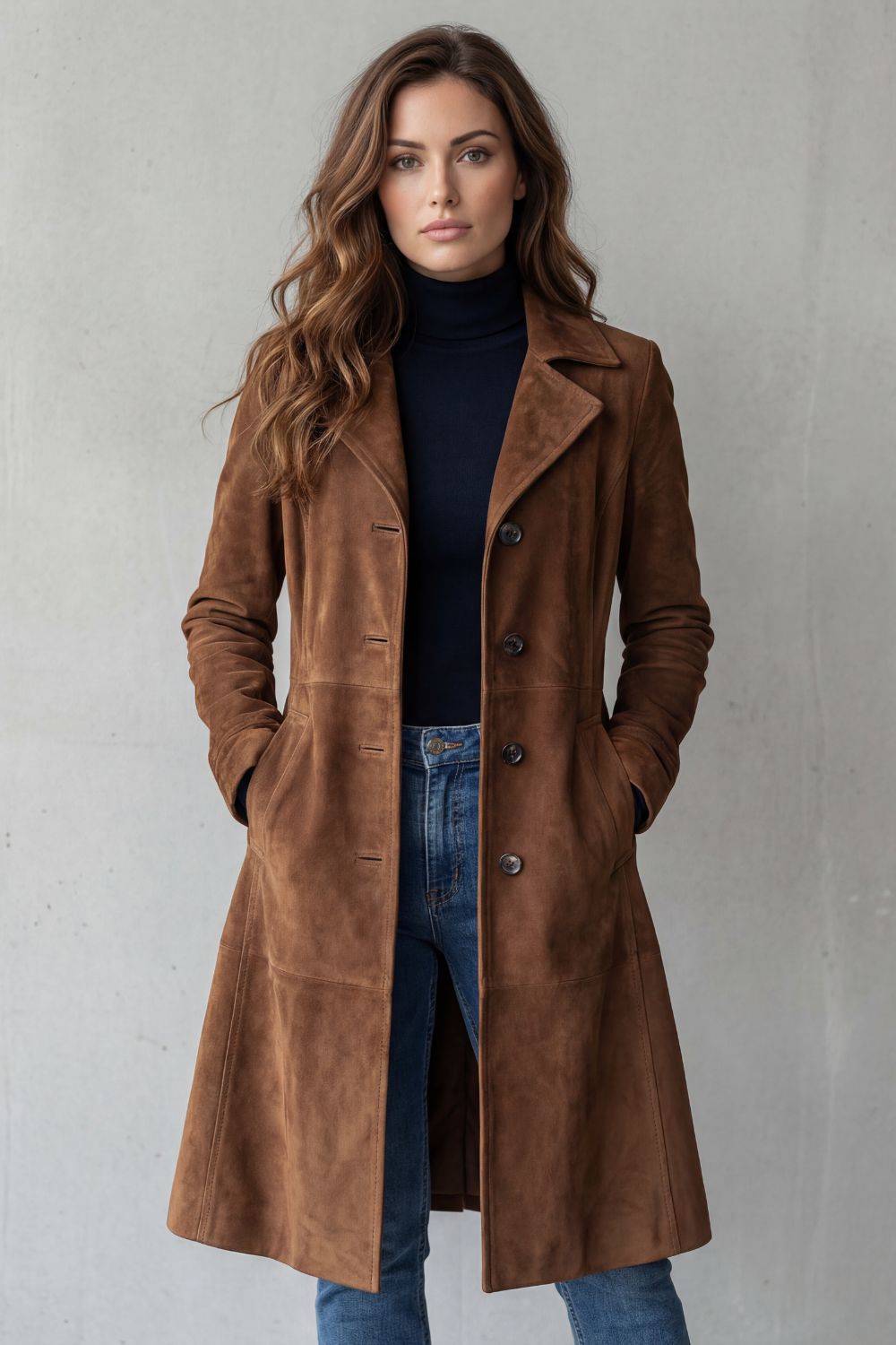 Manteau long femme finition suédine vintage