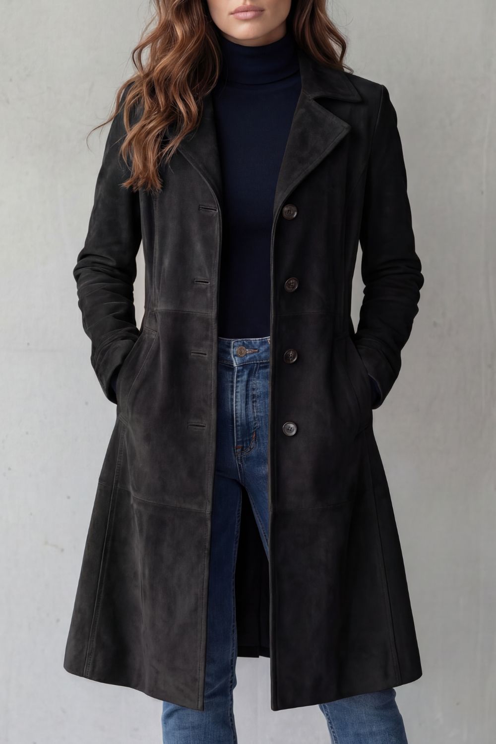 Manteau long femme finition suédine vintage - Noir