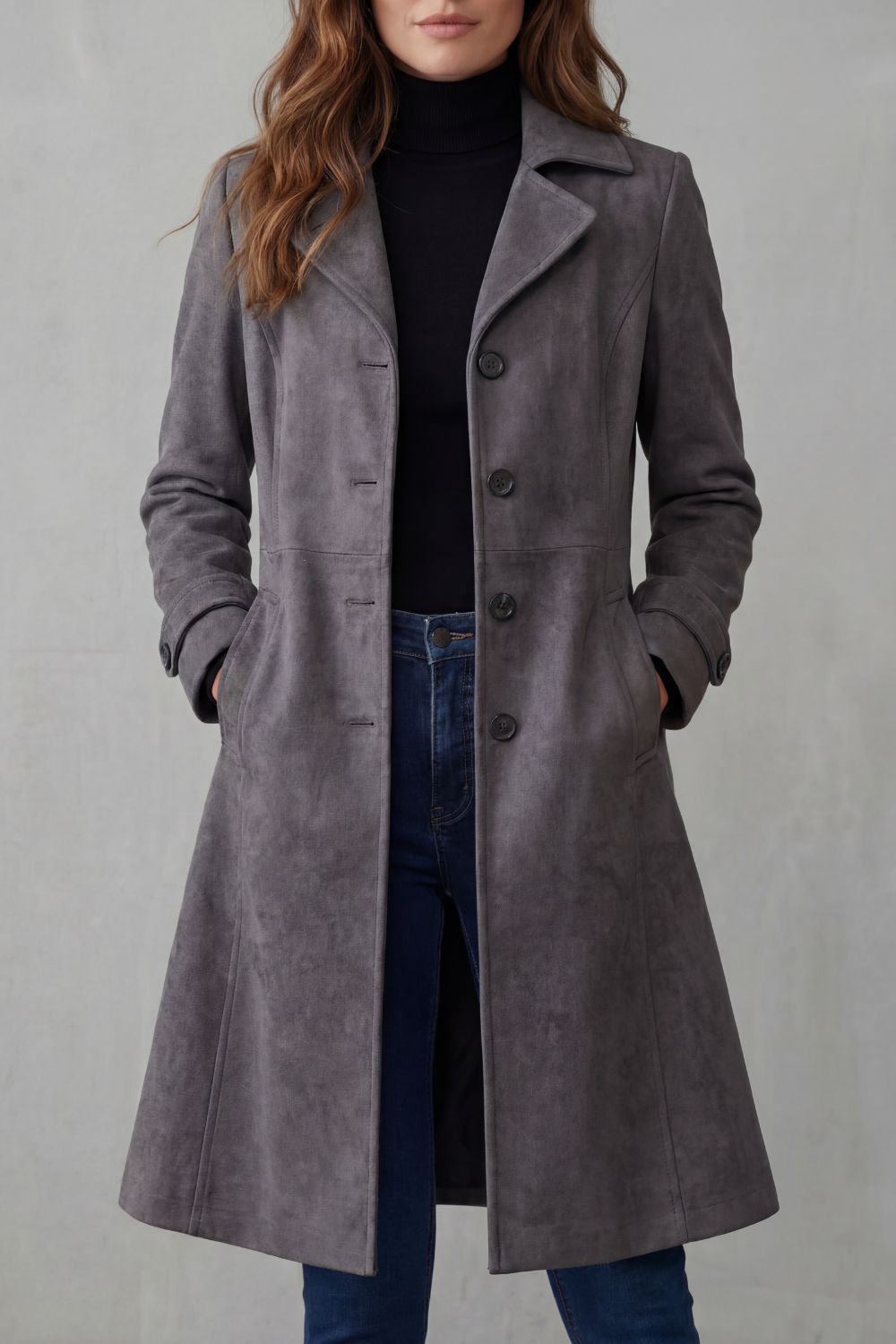 Manteau long femme finition suédine vintage - Charcoal