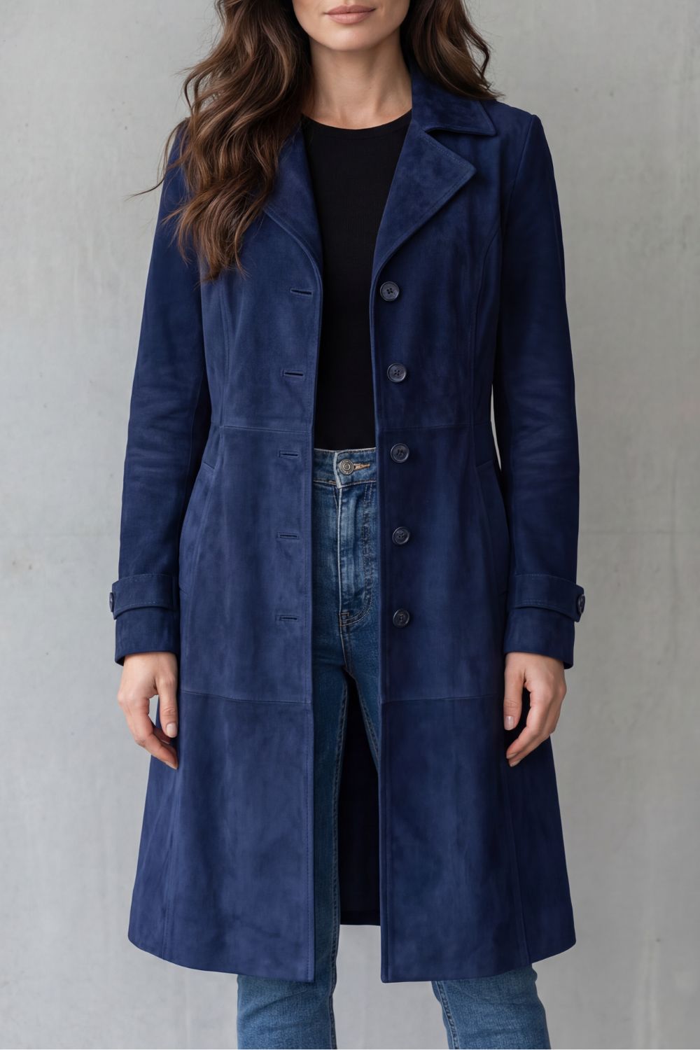 Manteau long femme finition suédine vintage - Marine
