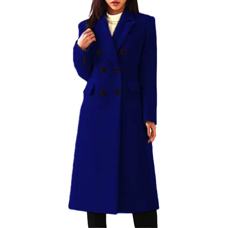 Manteau long femme croisé à revers - Bleu Foncé