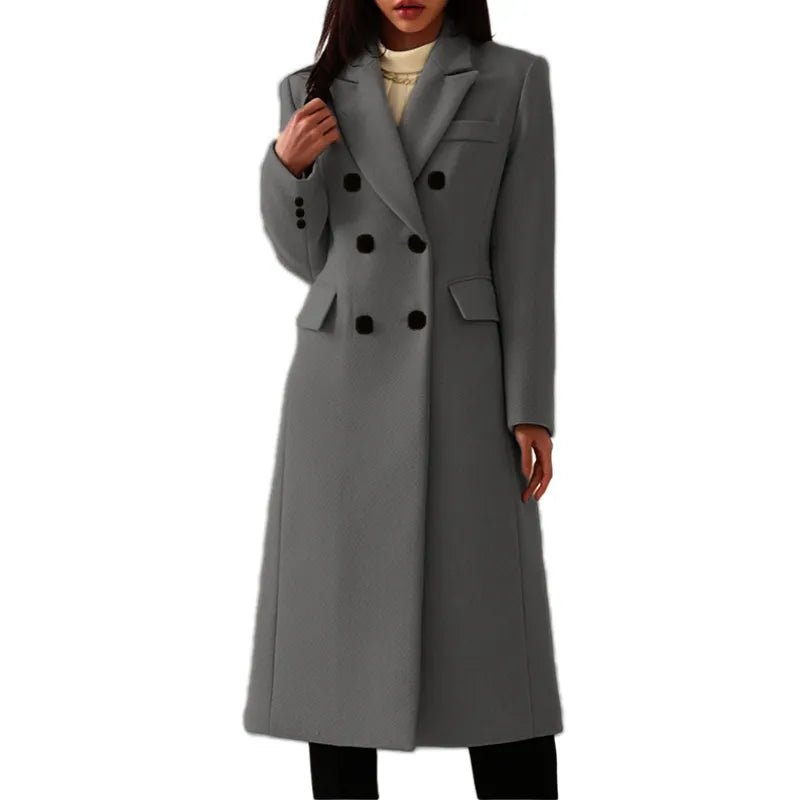 Manteau long femme croisé à revers - Gris Foncé