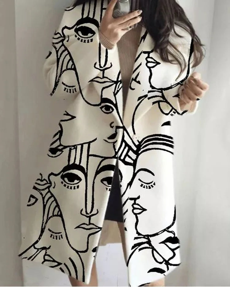 Manteau Long Femme en Laine Col Revers Imprimé - White Abstract