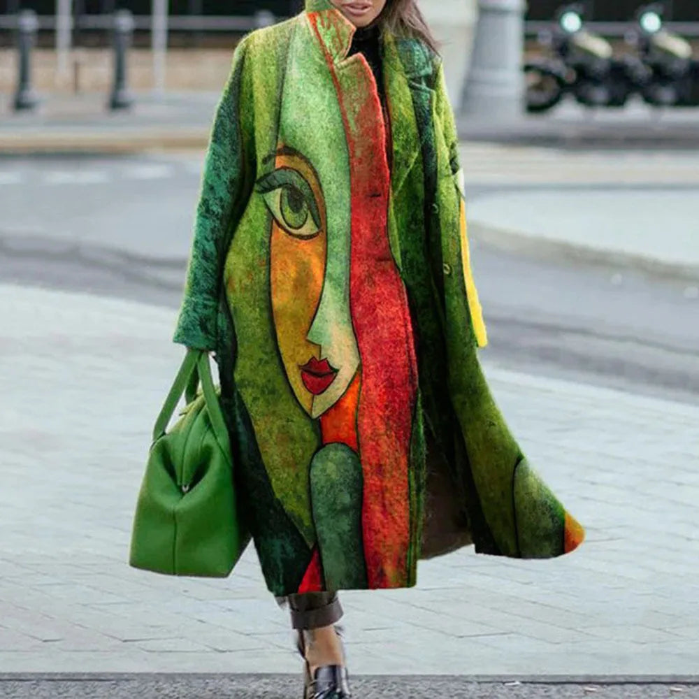 Manteau Long Femme en Laine Col Revers Imprimé - Green Abstract