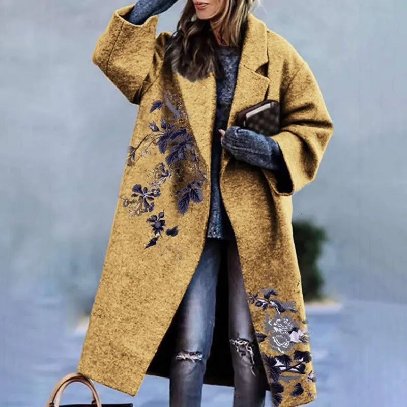 Manteau Long Femme en Laine Col Revers Imprimé - Yellow Print