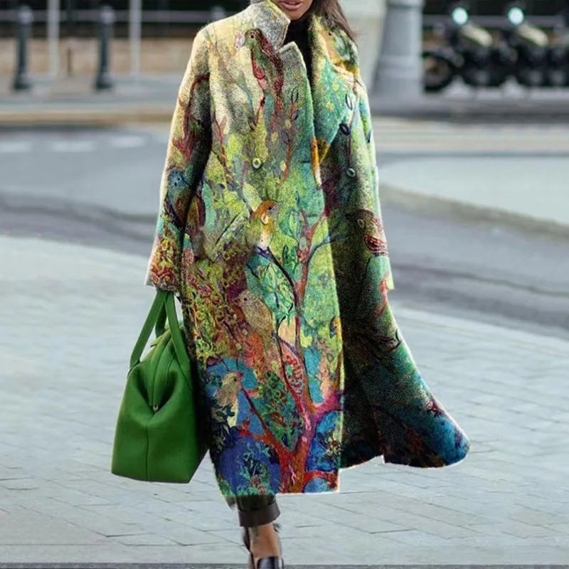 Manteau Long Femme en Laine Col Revers Imprimé - Green Floral