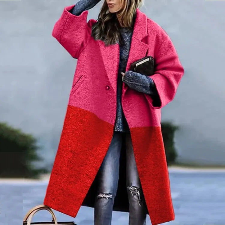 Manteau Long Femme en Laine Col Revers Imprimé - Red Colorblock