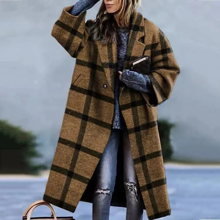 Manteau Long Femme en Laine Col Revers Imprimé