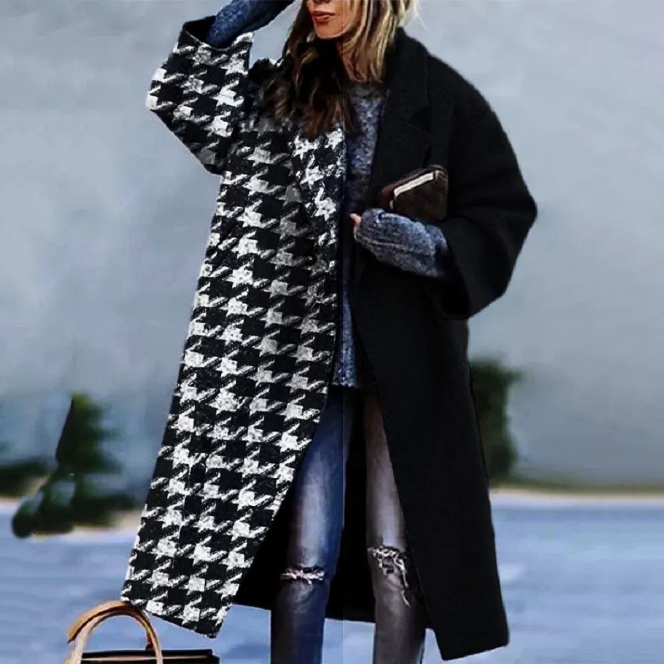 Manteau Long Femme en Laine Col Revers Imprimé