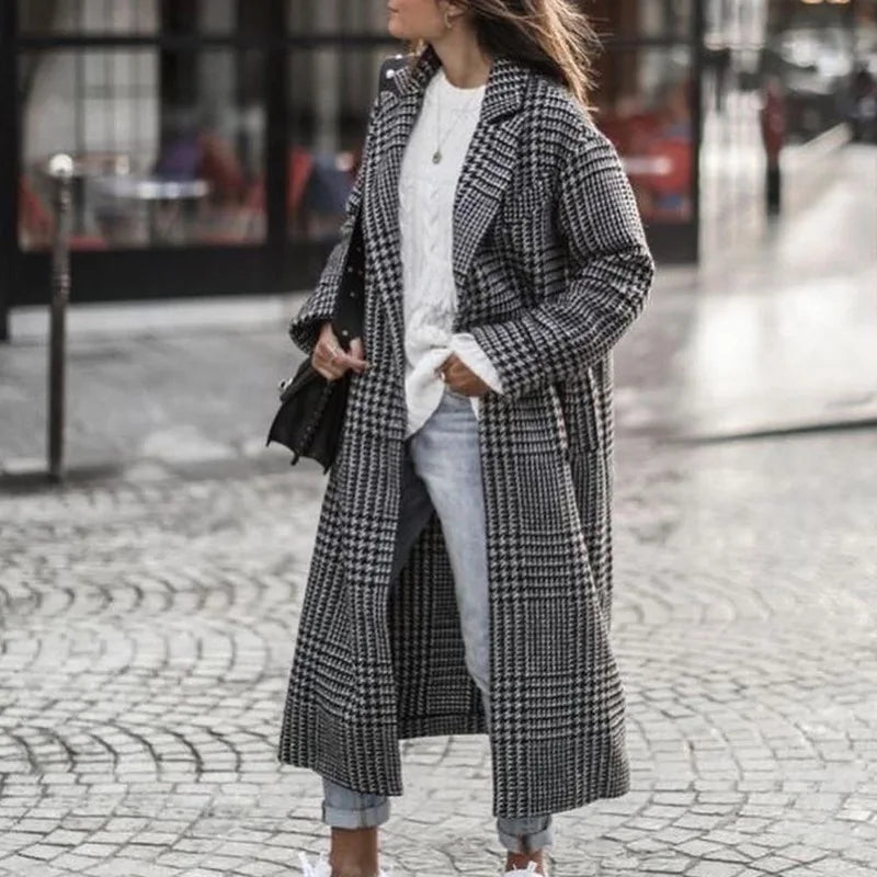 Manteau Long Femme en Laine Col Revers Imprimé