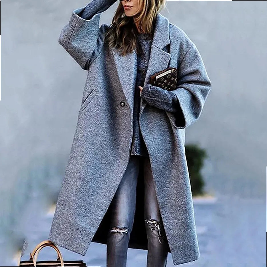 Manteau Long Femme en Laine Col Revers Imprimé