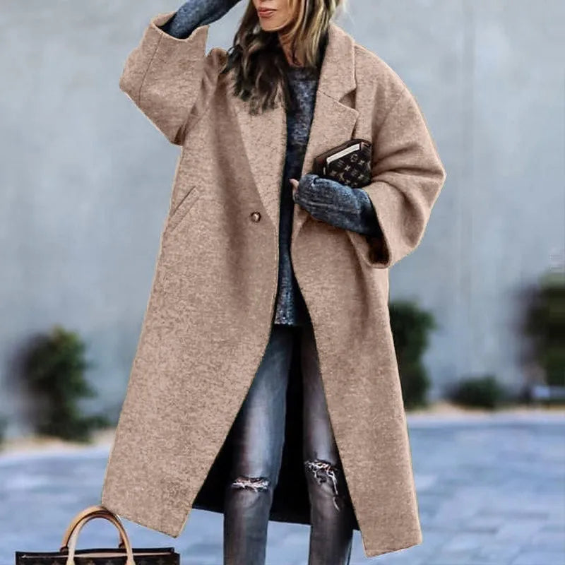 Manteau Long Femme en Laine Col Revers Imprimé - Kaki