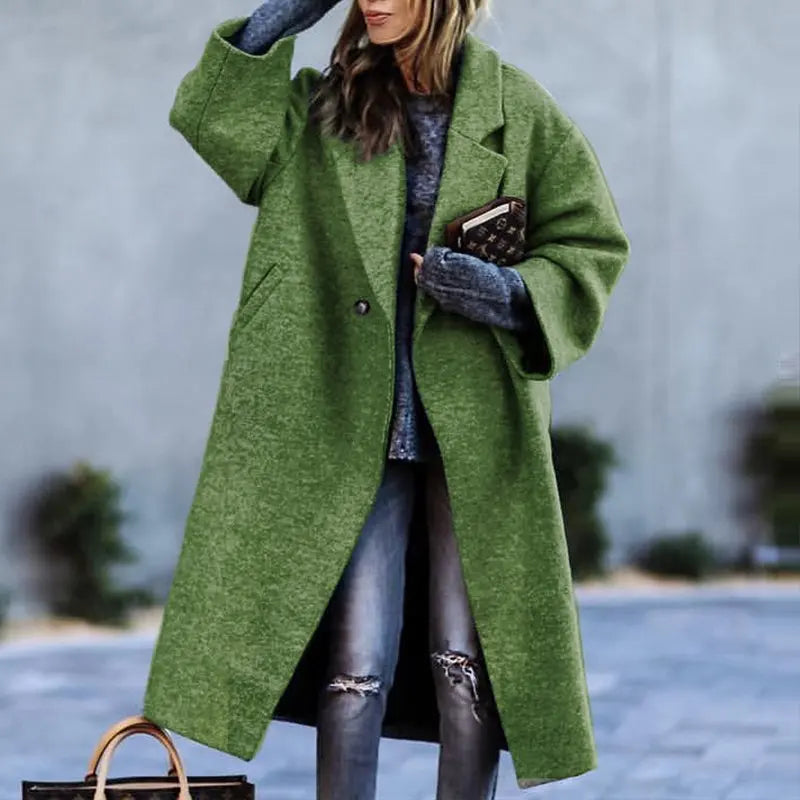 Manteau Long Femme en Laine Col Revers Imprimé - Vert