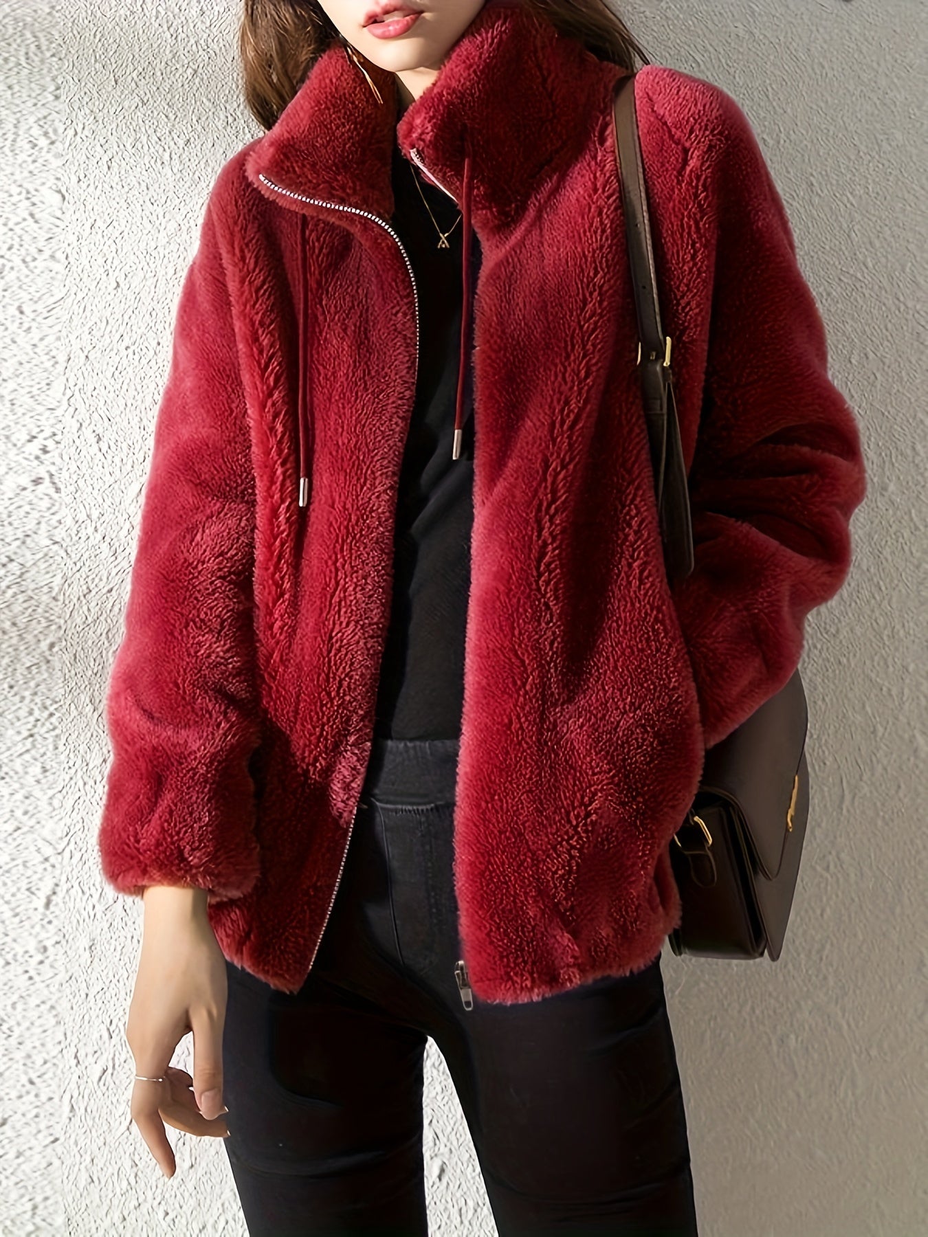 Manteau Peluche Femme Col Montant Chaud Épais Zippé Cordon de Serrage Coupe Ample Automne Hiver