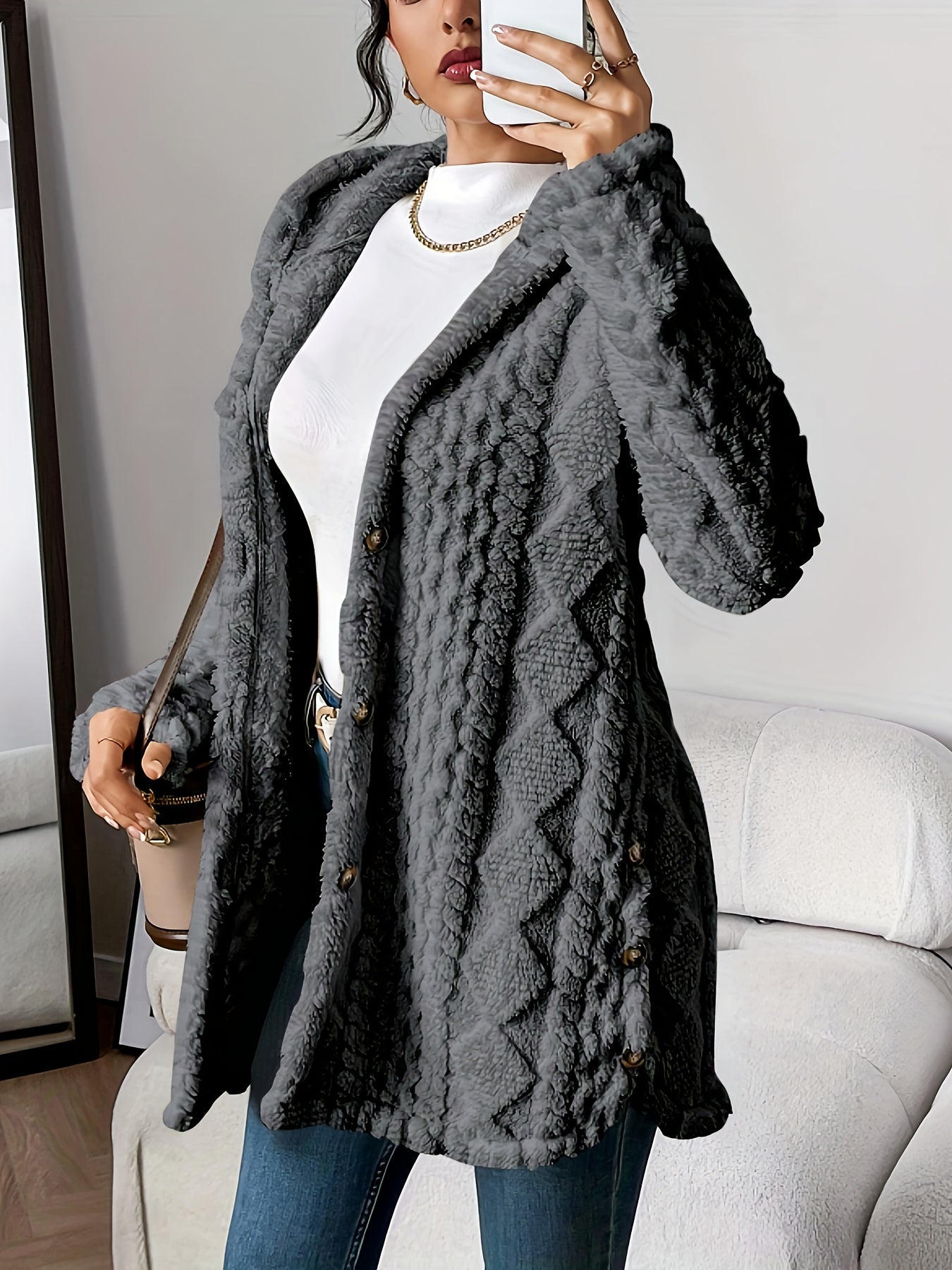 Manteau Peluche Jacquard Femme à Capuche Chaud Épais Cardigan Ouvert Automne Hiver Décontracté