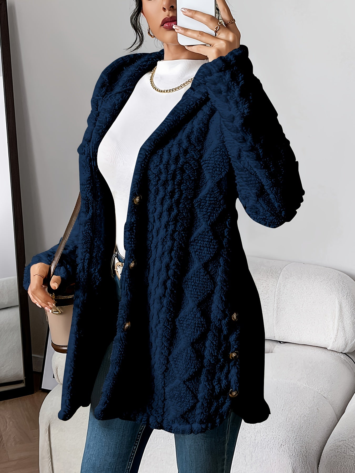 Manteau Peluche Jacquard Femme à Capuche Chaud Épais Cardigan Ouvert Automne Hiver Décontracté