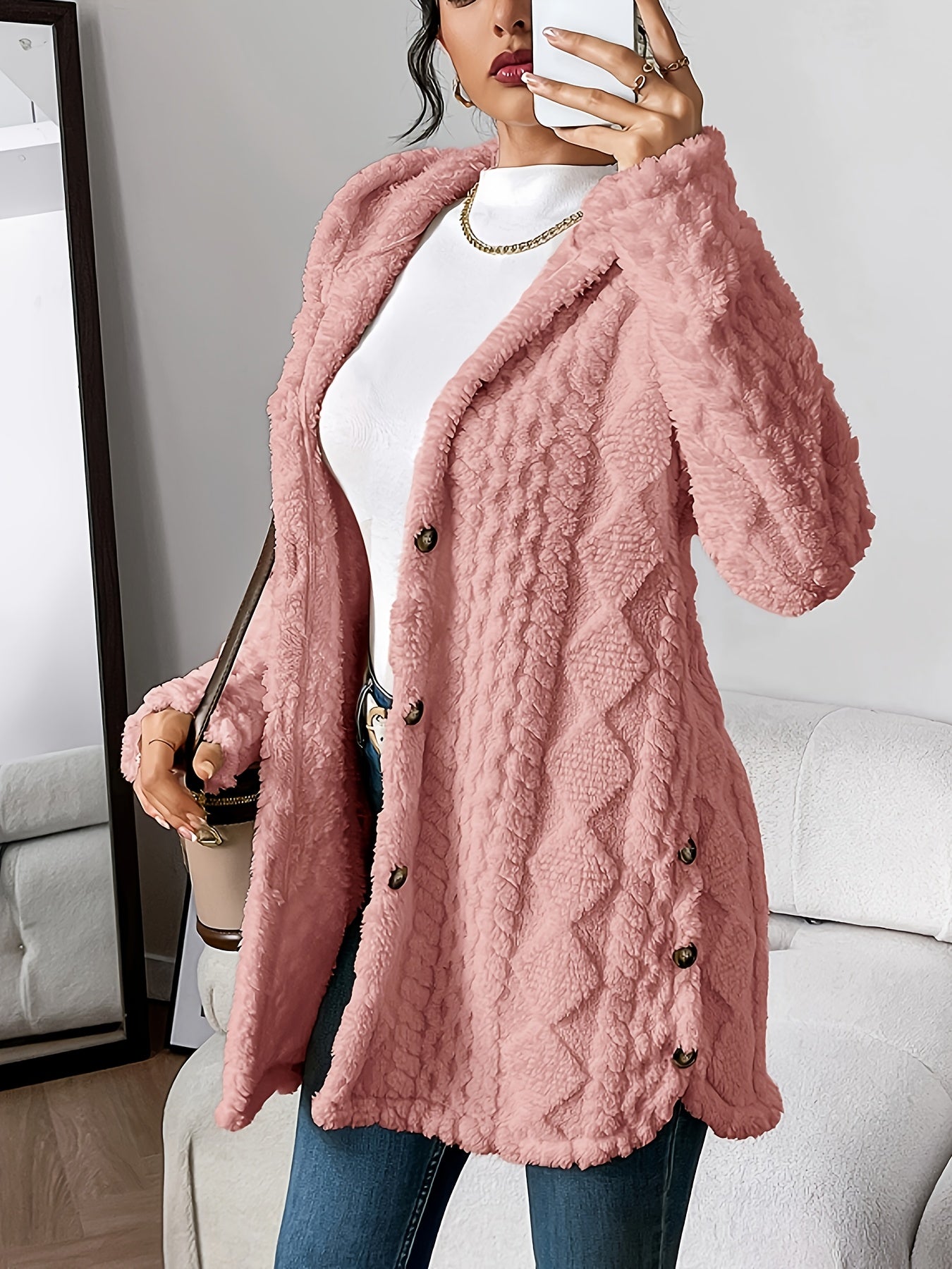Manteau Peluche Jacquard Femme à Capuche Chaud Épais Cardigan Ouvert Automne Hiver Décontracté